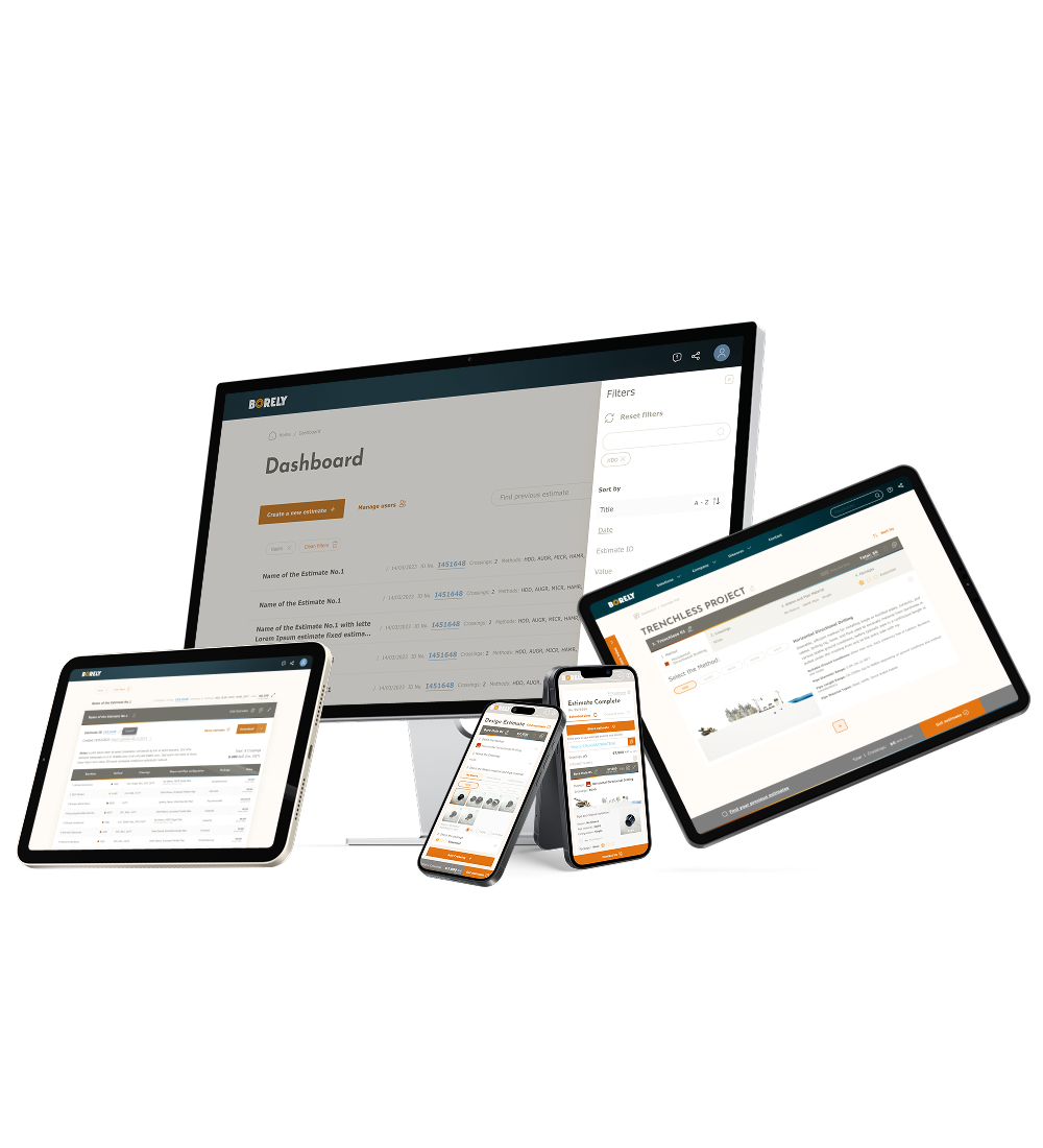Borely dashboard and mobile estimate tool shown across desktop, tablet, and phone