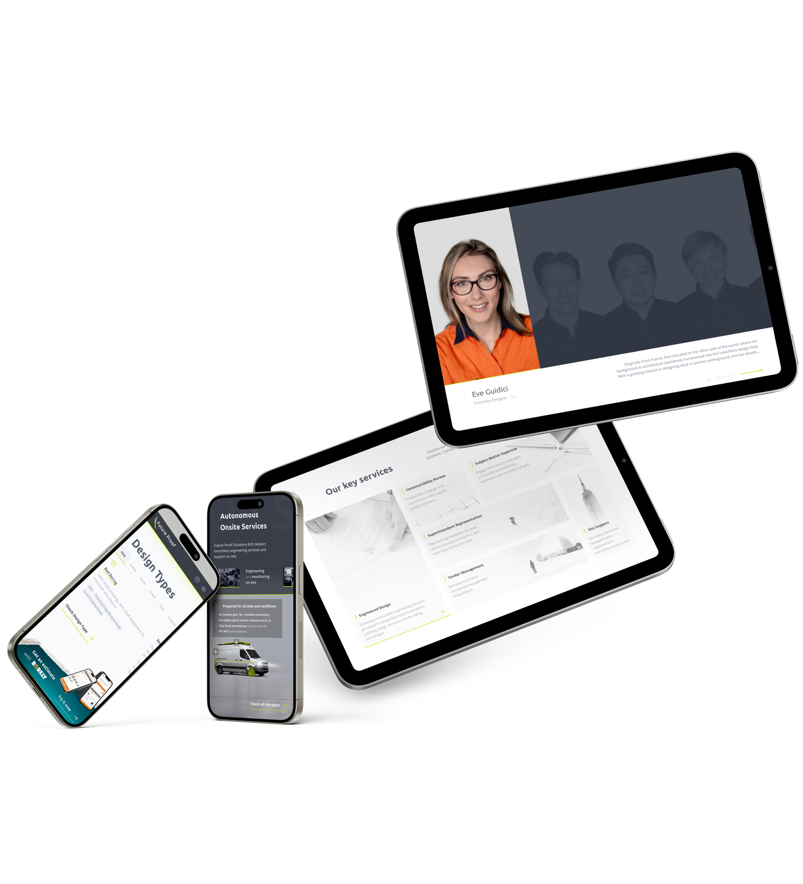 Future Proof Solutions website and AOS mobile app shown across phone and tablet screens